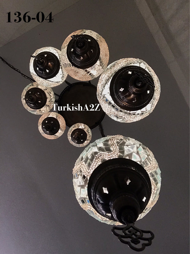 Turkish Mosaic Chandelier with 7 Medium - BALL(Swag Cable Option),ID: 136 - TurkishLights.NET