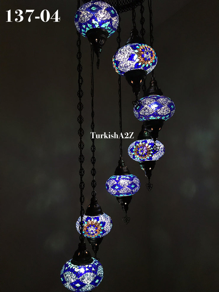 Turkish Mosaic Chandelier with 7 Large- BALL (Swag cable option),ID: 137 - TurkishLights.NET