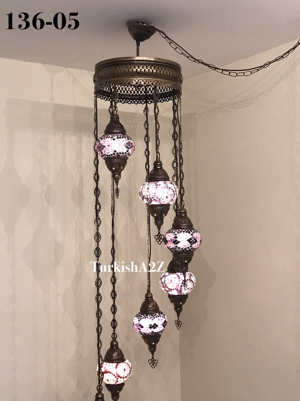 Turkish Mosaic Chandelier with 7 Medium - BALL(Swag Cable Option),ID: 136 - TurkishLights.NET