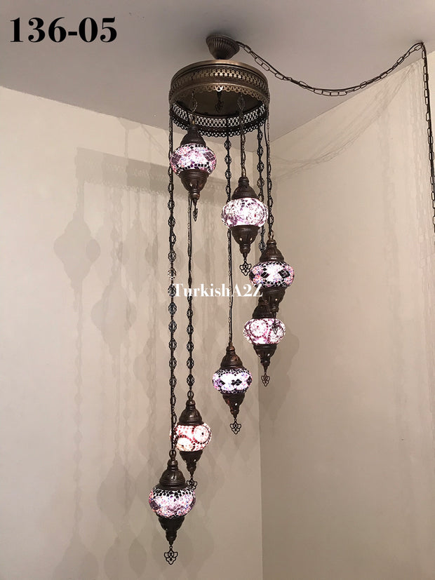 Turkish Mosaic Chandelier with 7 Medium - BALL(Swag Cable Option),ID: 136 - TurkishLights.NET