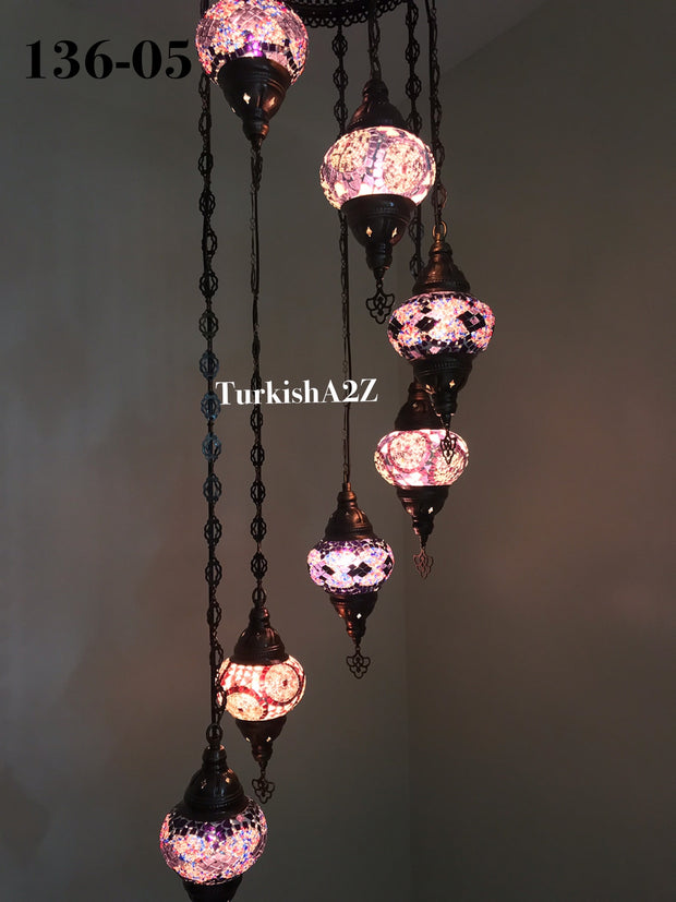 Turkish Mosaic Chandelier with 7 Medium - BALL(Swag Cable Option),ID: 136 - TurkishLights.NET