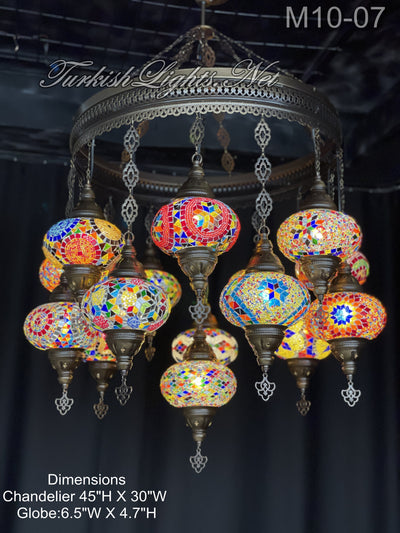 15-BALL TURKISH SULTAN MOSAIC CHANDELIER, LARGE GLOBES ID: M10-07