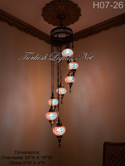 7 (M) BALL TURKISH WATER DROP MOSAIC CHANDELIER WİTH MEDIUM GLOBES H07-26