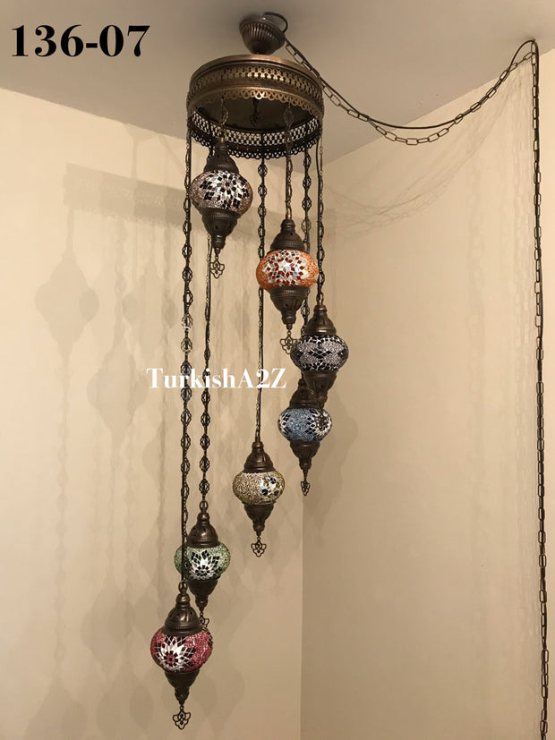 Turkish Mosaic Chandelier with 7 Medium - BALL(Swag Cable Option),ID: 136 - TurkishLights.NET