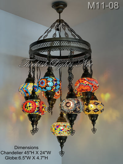 11-BALL TURKISH SULTAN MOSAIC CHANDELIER, LARGE GLOBES ID: M11-08