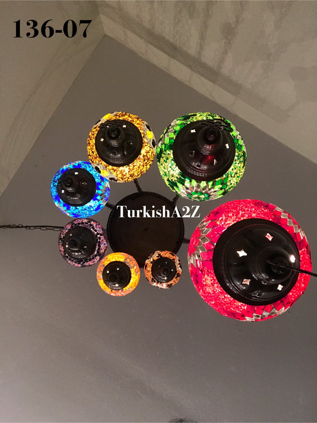 Turkish Mosaic Chandelier with 7 Medium - BALL(Swag Cable Option),ID: 136 - TurkishLights.NET