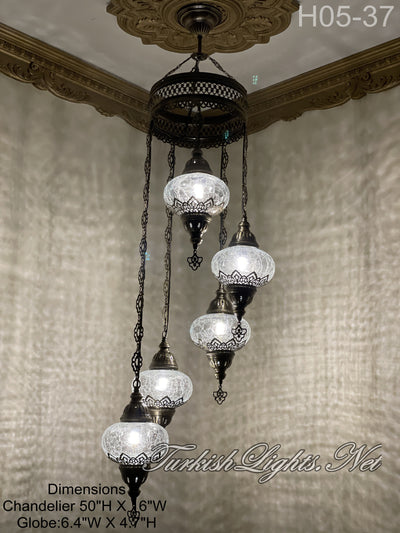 5 (L) BALL TURKISH WATER DROP MOSAIC CHANDELIER WİTH LARGE GLOBES H05-37