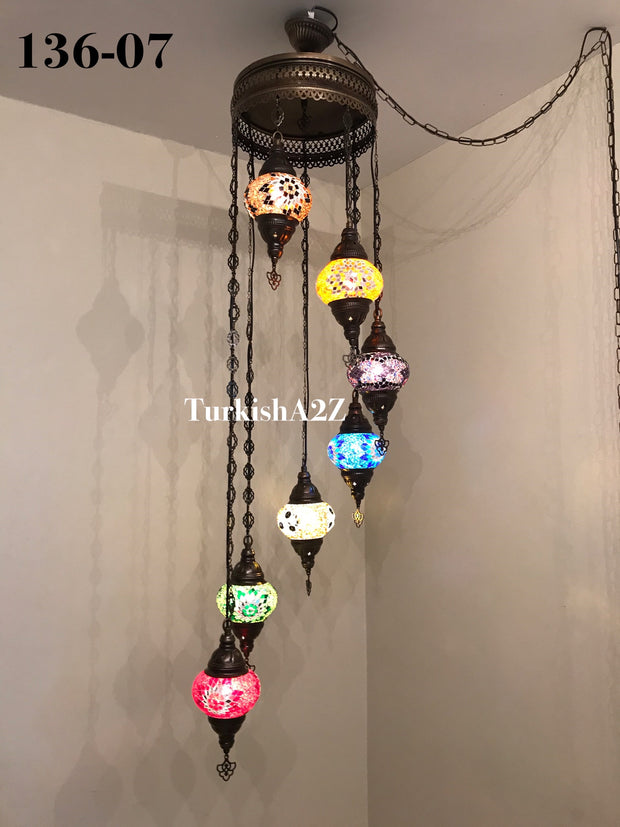 Turkish Mosaic Chandelier with 7 Medium - BALL(Swag Cable Option),ID: 136 - TurkishLights.NET