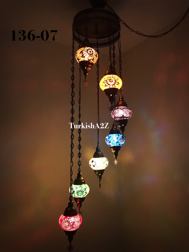 Turkish Mosaic Chandelier with 7 Medium - BALL(Swag Cable Option),ID: 136 - TurkishLights.NET