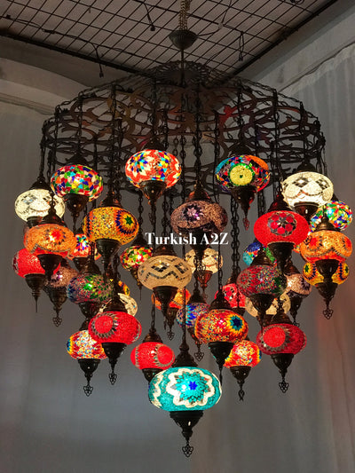 Turkish Mosaic Chandelier With 37 Large Globes  ,ID: 144, FREE SHIPPING - TurkishLights.NET