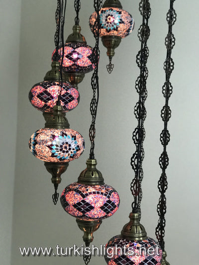 9-BALL TURKISH  MOSAIC CHANDELIER WITH LARGE GLOBES, PURPLE - TurkishLights.NET